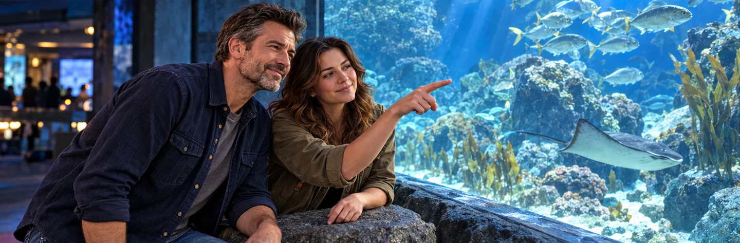 The hosts look into a brightly lit aquarium tank