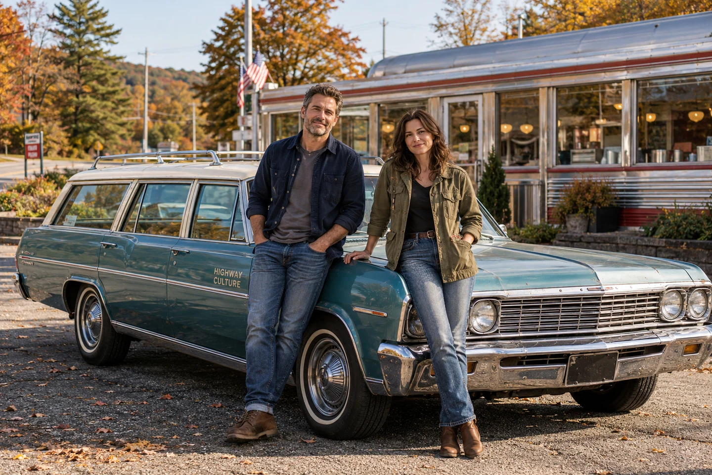 The two Highway Culture hosts leaning against their cream-and-teal wagon outside a diner