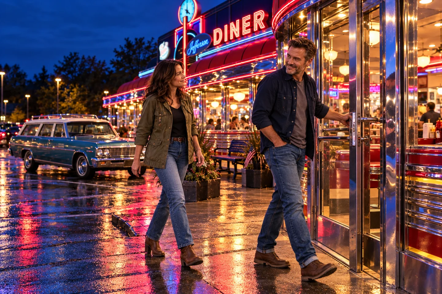 One host holds the glass door as the other approaches the neon-lit Jefferson Diner