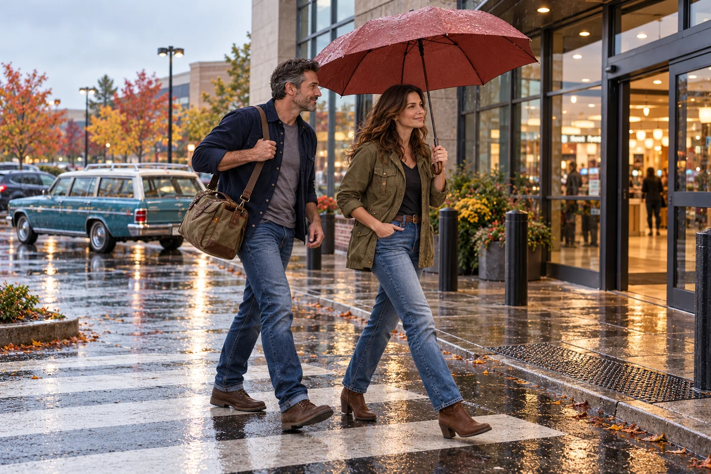 The hosts walk toward a shopping complex in the rain with an umbrella and a day bag