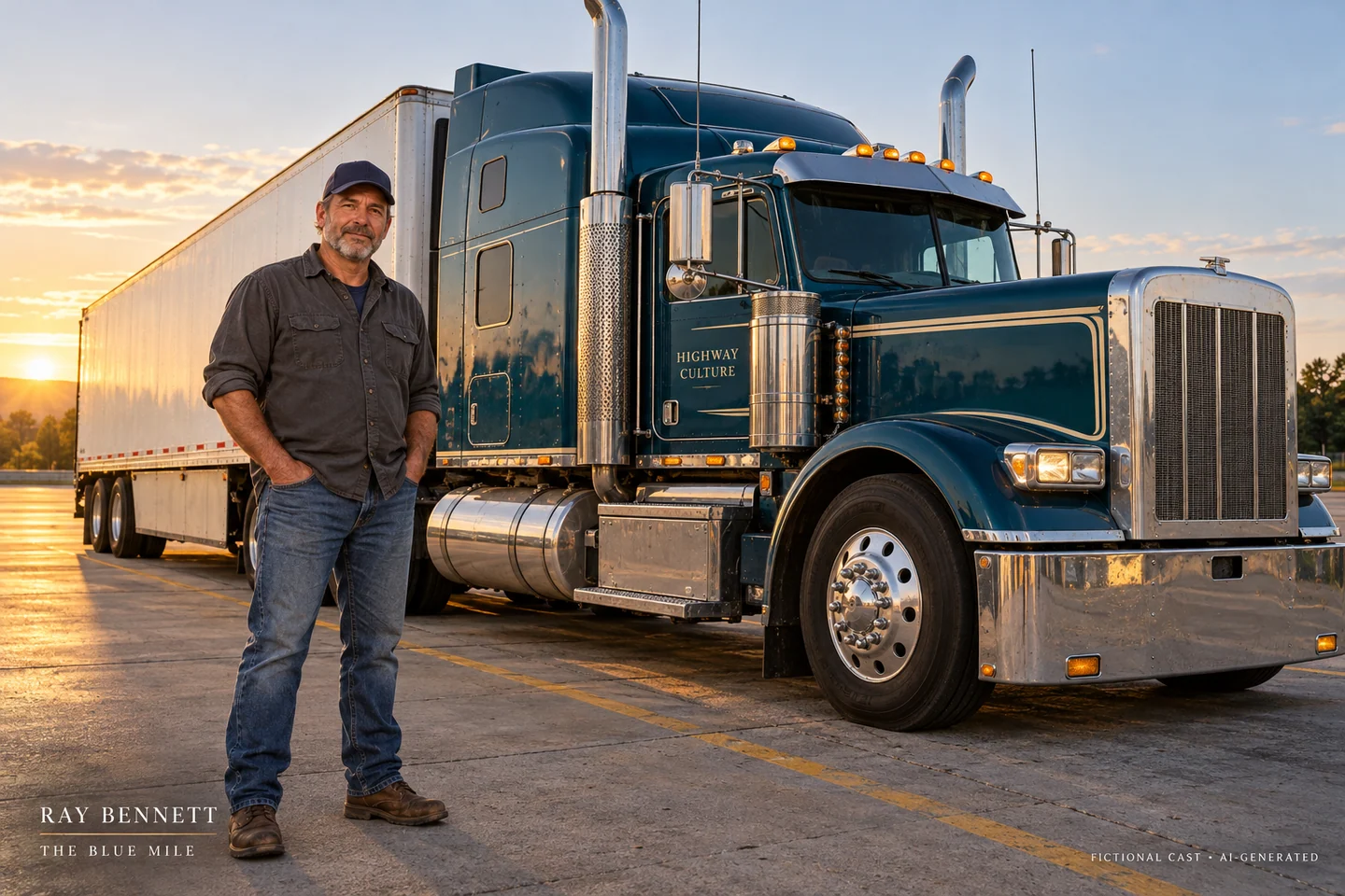 Ray Bennett standing beside his teal sleeper rig, The Blue Mile