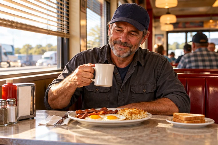 Ray having a meal in a roadside diner