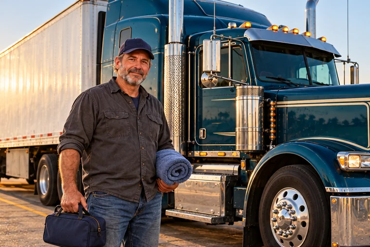 Ray with his shower kit beside a teal truck