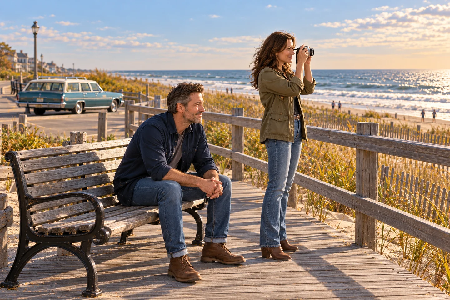 One host photographs the surf while the other watches from a boardwalk bench