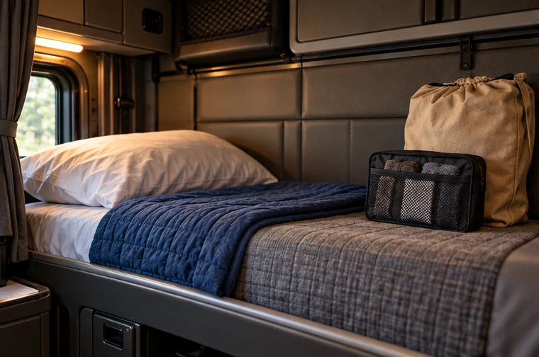 A made-up sleeper bunk with tidy storage