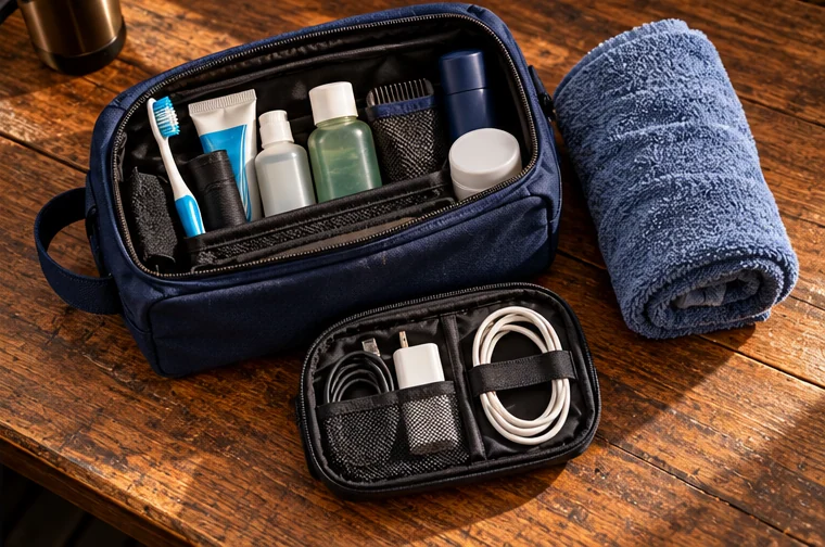 A small toiletry bag and a folded towel ready to carry